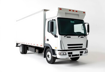 Clean, long white box truck on plain white backdrop, transportation, simple