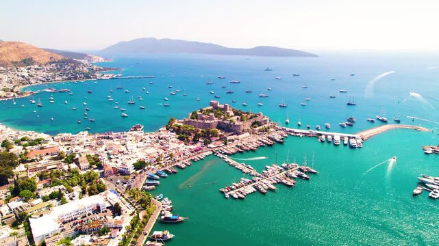 Bodrum District of Mugla, Turkey. Aerial view of Bodrum Castle. Panoramic view of Bodrum center, marina and castle. Drone shot.