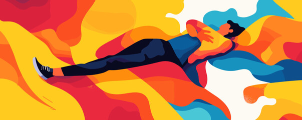 Naklejka premium Relaxed man laying on abstract colorful background, vibrant fluid art design vector.