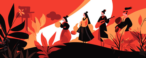 Traditional asian musicians playing instruments in vibrant nature scene, red and orange theme, vector.