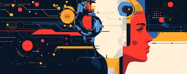 Futuristic abstract portrait of a human with technology elements - vector.