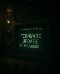 Industrial maintenance terminal with dim green glow indicating an ongoing firmware update process inside a control station.