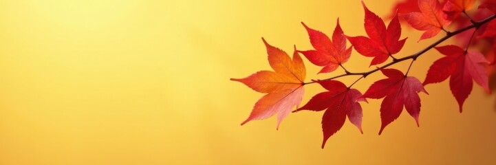 Naklejka premium Autumn branch with vibrant red leaves against a soft yellow background, yellow, foliage