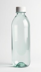 Clear empty PET plastic bottle mock up on white background, packaging design, recyclable, label