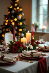 Beautifully decorated Christmas table with candles and flowers, warm glow, festive colors, evergreen centerpiece