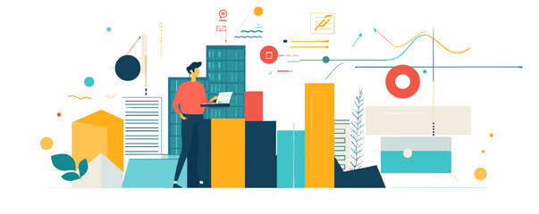 Business analyst in modern cityscape with data charts and graphs in background - vector.
