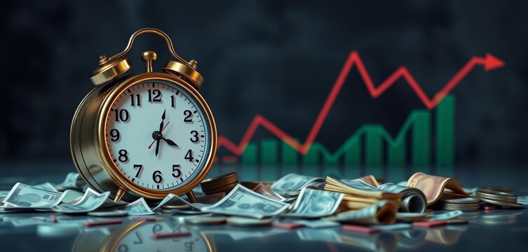 Clock ticking, rupees scattered, graph declining, business, banking