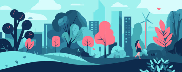 Obraz premium Urban park landscape with trees, skyscrapers, and a woman walking - vector.