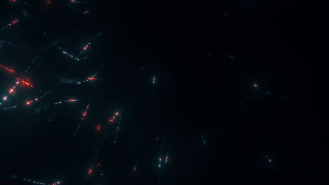 Futuristic glowing abstract blue and red particle string background. AI network and advanced technology 3D animation depicting neural networks, artificial intelligence and quantum computing.
