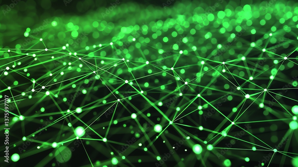 Poster glowing green neural network. artificial intelligence. plexus. 3d rendering.