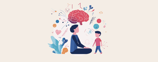 Mindfulness interaction between parent and child with brain elements - vector.