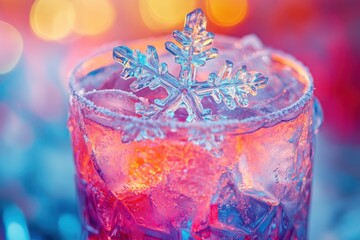 A vibrant cocktail artfully adorned with ice, creating an enchanting festive winter vibe that delights all