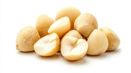 Fototapeta premium Fresh and Delicious Macadamia Nuts Piled on a White Background for Culinary Use