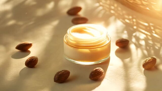A luxurious glass jar of shea butter cream surrounded by shea nuts, captured in warm natural lighting to emphasize softness and nourishment. Ideal for skincare, wellness, and beauty product themes.