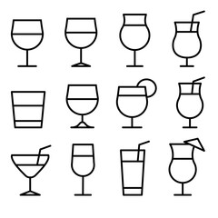 Illustration showing a set of black cocktail glass icons on a white background