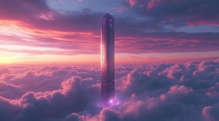 Futuristic Skyscraper Rising Above Clouds in Vibrant Pink and Purple Sunset Sky