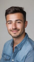 Obraz premium Portrait of a Smiling Young Man in a Denim Shirt