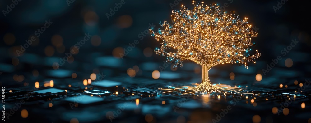 Poster cyberpunk biotech with digital plants innovation concept. a glowing tree emerges from a circuit boar