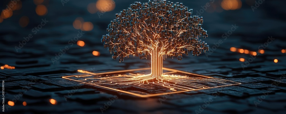 Aufkleber Cyberpunk biotech with digital plants innovation concept. A glowing tree emerging from a digital circuit background.