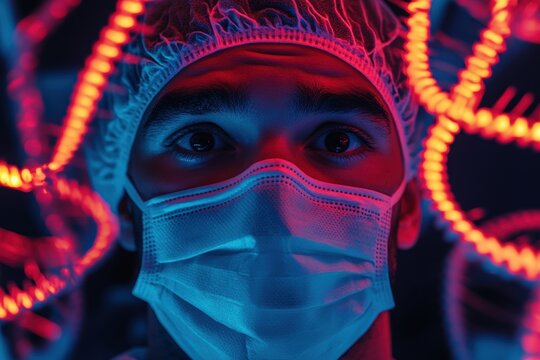 Surgeon with DNA strands representing the intersection of medicine and genetics in a modern healthcare setting, dna strands over biracial male surgeon