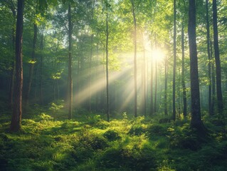 Fototapeta premium Sunlight filters through trees in a tranquil forest during early morning hours, creating a serene atmosphere in nature