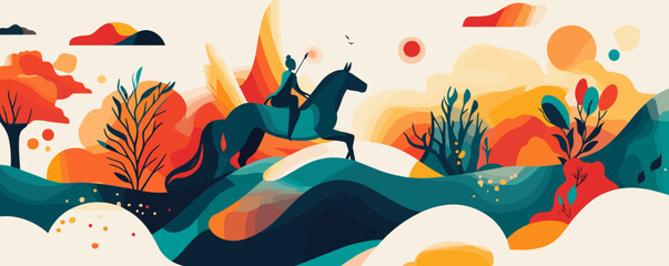 Vibrant abstract landscape with medieval knight on horseback in colorful nature scene vector.