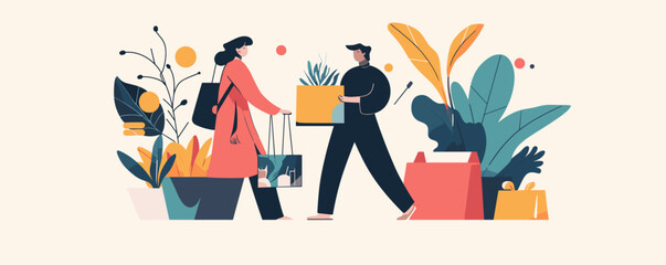 People shopping with shopping bags amidst leaves and nature - vector.