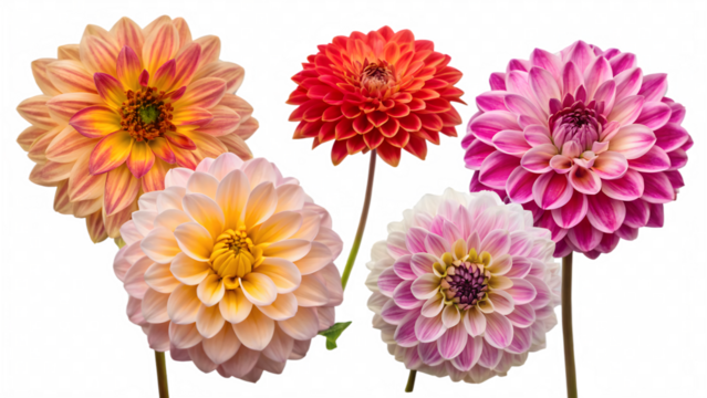 Dwarf dahlia flower heads collection with transparent background, perfect for creative artwork, digital design, scrapbooking, and floral decor.bouquet of flowers