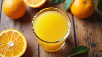 Glass of orange juice from above on wood table. Empty ready for your orange juice, fruit product display or montage.