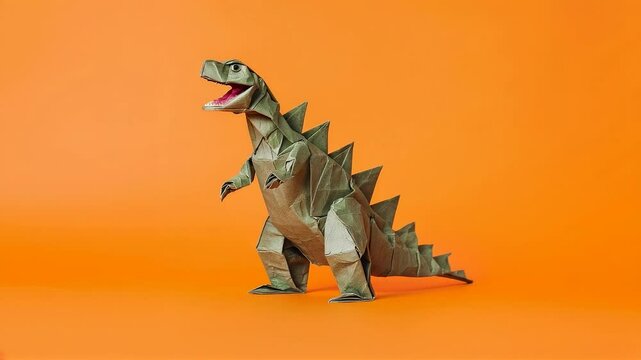 An origami craft paper tyrannosaurus rex dinosaur standing in full height isolated on orange background roaring fearlessly demonstratiing a power and attitude