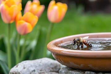 This stunning photo captures a solitary bee bathing in a stone dish with colorful tulips in the background, showcasing nature's beauty and the importance of water for life.
