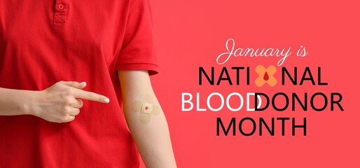 Woman with medical patches on vein against red background. Banner for National Blood Donor Month