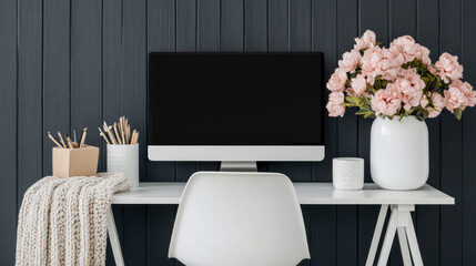 Workspace Serenity: Minimalist Desk with Floral Accent and Comfortable Knitted Throw, Design for Print, Card, Poster