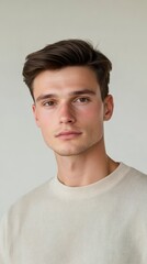 Fototapeta premium Portrait of a Young Man with Stylish Hair, Wearing a Cream-Colored Sweater