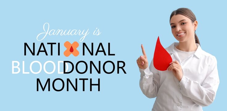 Female doctor with paper drop on light blue background. Banner for National Blood Donor Month