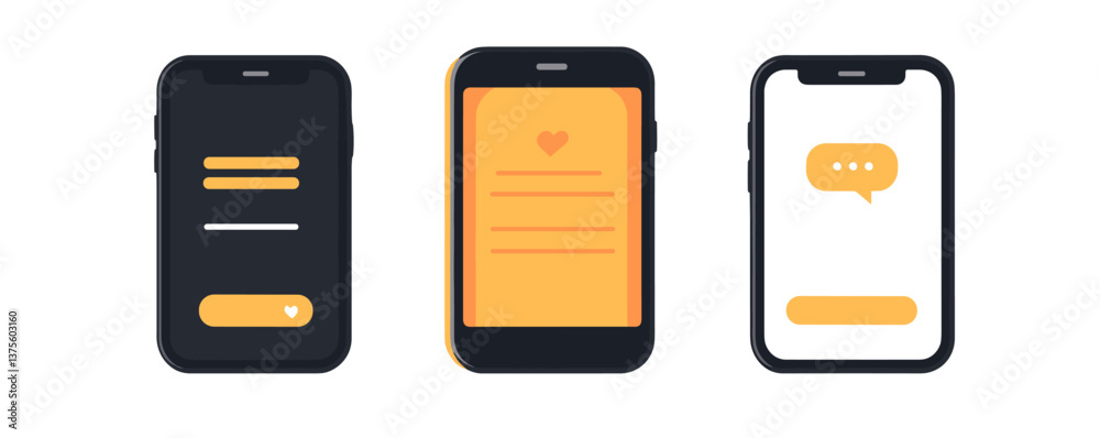 Poster set of three mobile app screens with text and icons - vector.