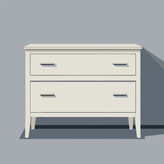 White wooden dresser with two drawers against gray background