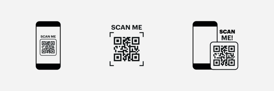 mobile phone, barcode, qr code, scan me, scan now, scan here, black and white, minimalist, monochrome, vector illustration
