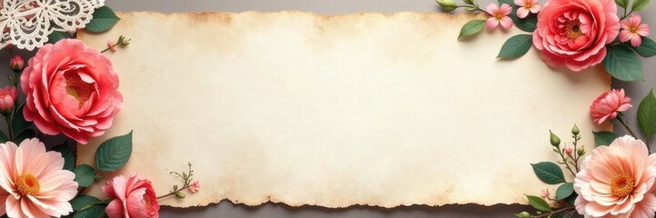 Fototapeta premium Distressed paper ribbon banner with florals and lace details, ribbons, nostalgia, vintage