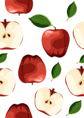 Seamless pattern with red apples and leaves. 