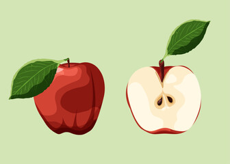 Red apples and leaves isolated on green background.  