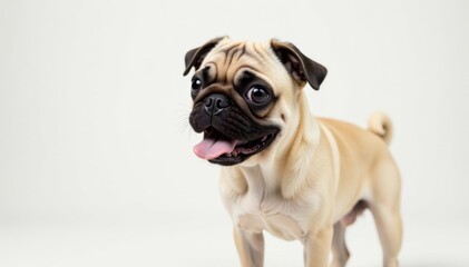 Obraz premium Playful pug looking sideways, pure white backdrop, playful, doggy, pet