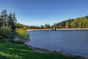 A tranquil view of a lake bordered by vibrant trees and clear blue skies, perfect for nature enthusiasts and scenic photography, Bohernabreena Reservoir, Dublin, Ireland