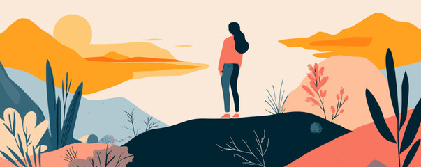 Serene landscape with silhouetted woman at sunset, vibrant nature elements - vector.