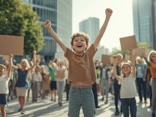 Fototapeta premium Child participates joyfully in a peaceful demonstration in a bustling urban area during daylight hours