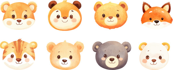 Cute animal face watercolor clip art white background
