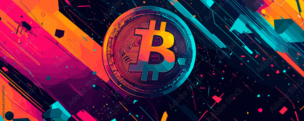 Poster colorful abstract bitcoin design with geometric patterns and dynamic lines - vector.