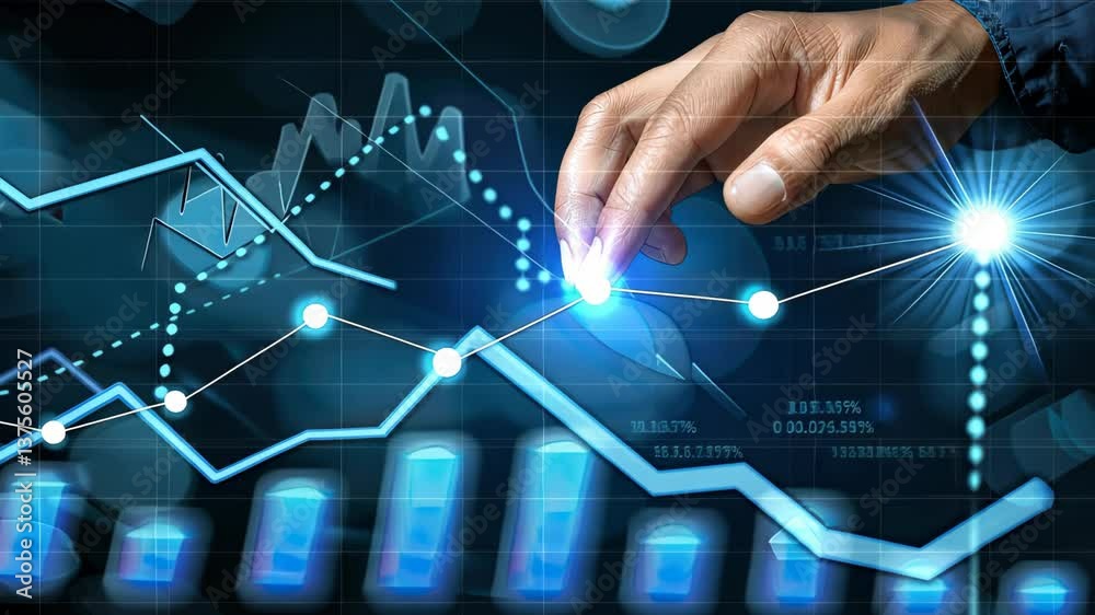 Poster a hand interacts with multiple graphs displaying data trends and analytics in a dynamic digital sett