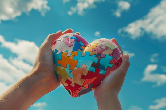 Autistic kid hands with multicolored puzzle heart supported by mother hands over blue sky background. World autism awareness day - Powered by Adobe
