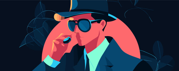Stylish detective in suit and hat with sunglasses and cigar against abstract background - vector.